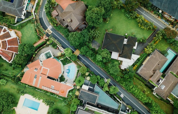 Aerial view of houses in nature.