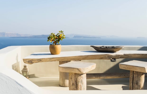 View of water from an elegant balcony.