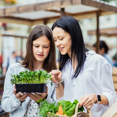 Individual and their child looking at vegetables at a market.