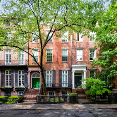 Brownstone buildings.